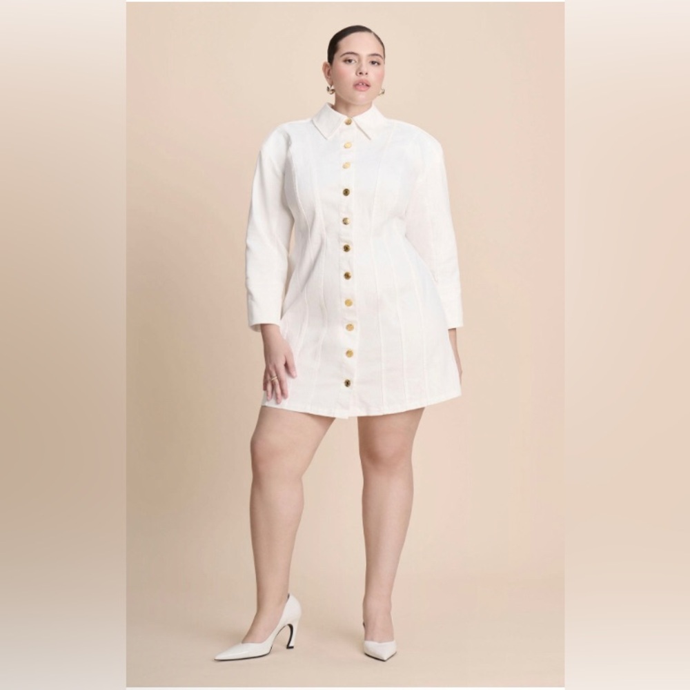 NWT White Denim Mini Dress. Gold Buttons. Corset Detail. Size 26W By ELOQUII